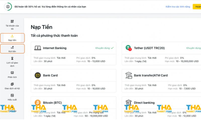 Nạp tiền THABET nhanh chóng qua ví tiền ảo