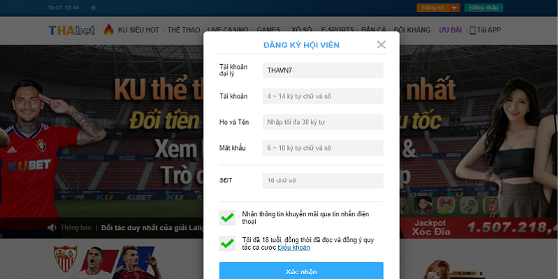 Biểu mẫu kích hoạt tài khoản tại THABET 